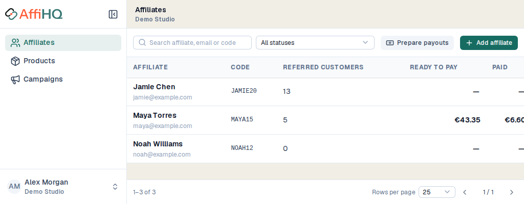 AffiHQ merchant workspace showing affiliate accounts and payout amounts.