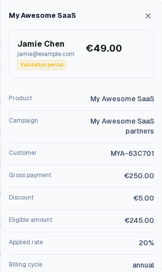 AffiHQ commission detail showing the payment amount, discount, eligible amount and affiliate rate.