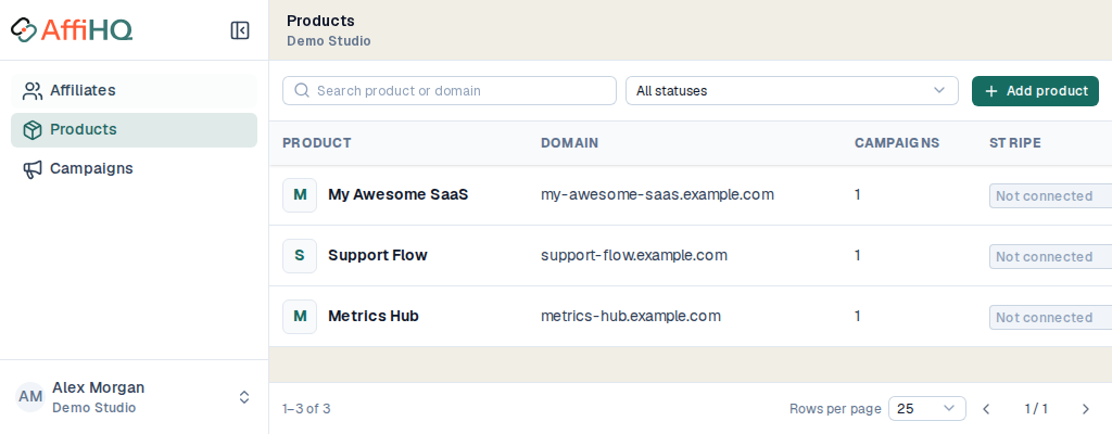 AffiHQ product workspace listing several SaaS products in one account.