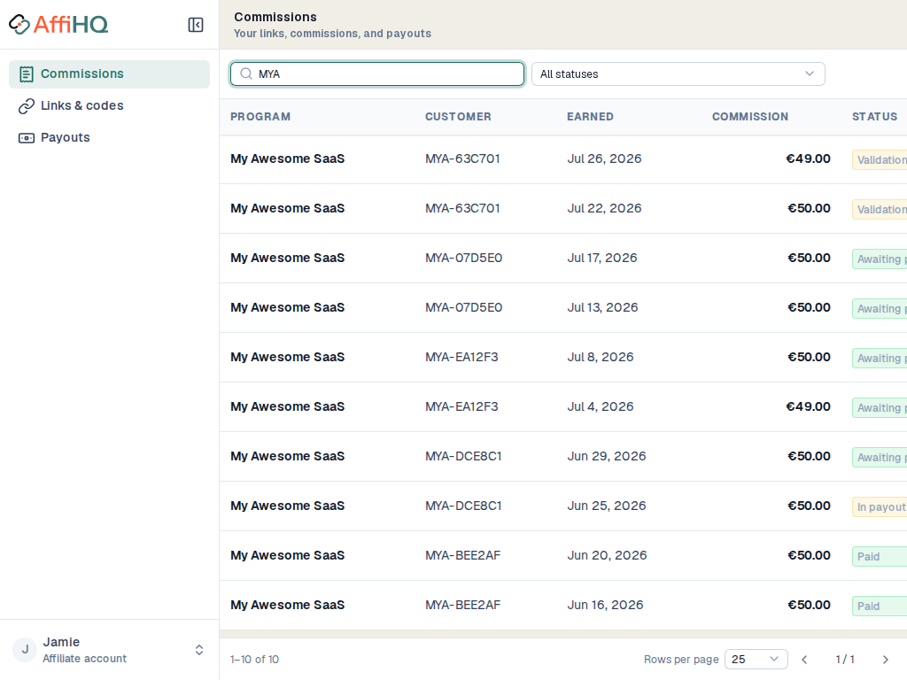 AffiHQ affiliate portal showing commission history and customer references.